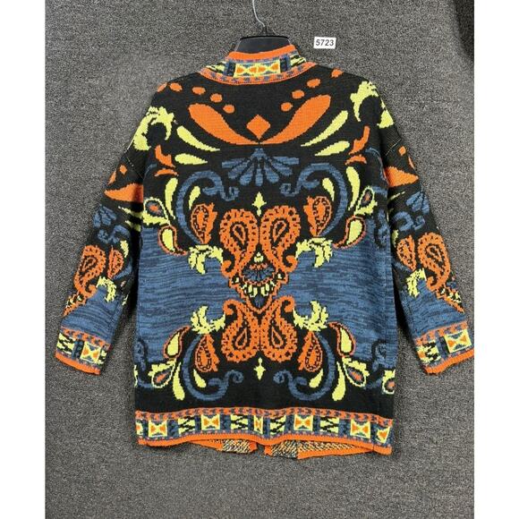 Flying Tomato Sweater Womens Small Black Orange Open Front Cardigan Paisley Boho - Picture 2 of 6